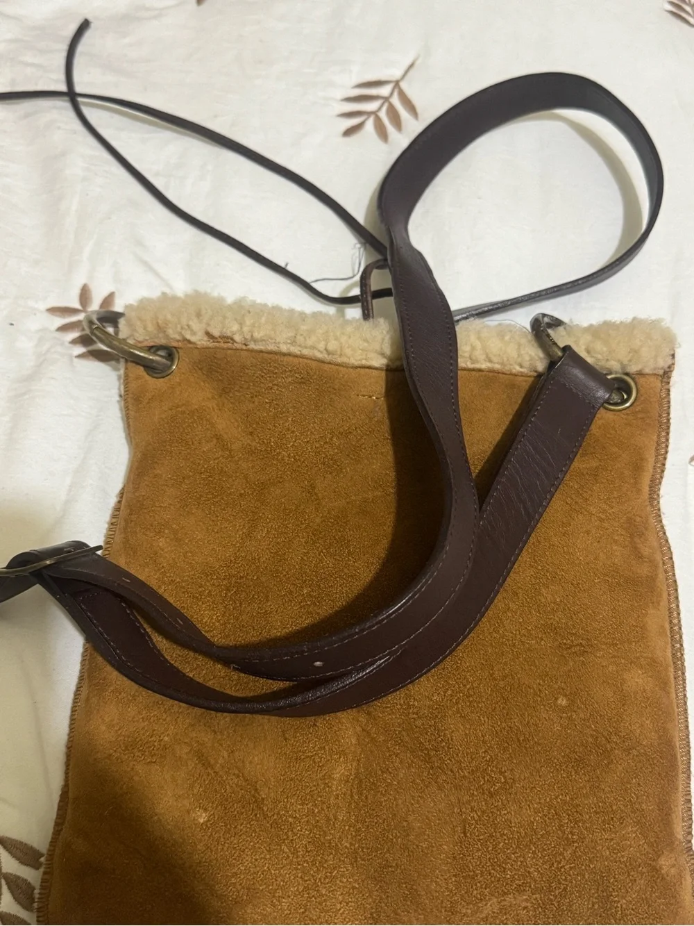 UGG Brown Suede and Dark Brown Leather Messenger Bag with Shearling Trim